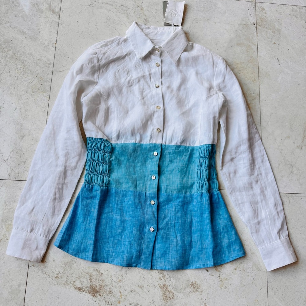 120% Lino White and Blue ombre Button-Up Linen Shirt size XXS/38